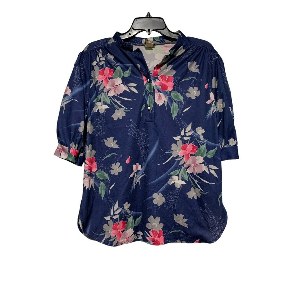 Vtg 80s Ms. Tops California Button Womens Blue Floral Size 38